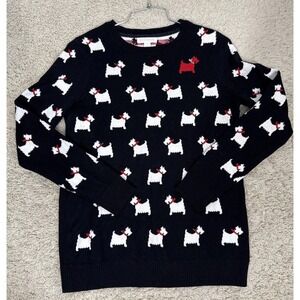 Charter Club Black Knit Sweater Scottie Dog‎ Bow Print Coquette Cottagecore S
